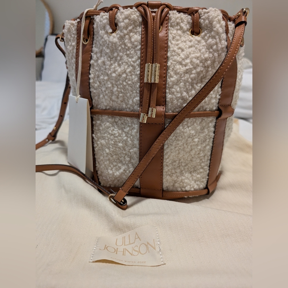 NWT Ulla Johnson Willow Small Bucket Bag purse handbag cream boucle wool leather